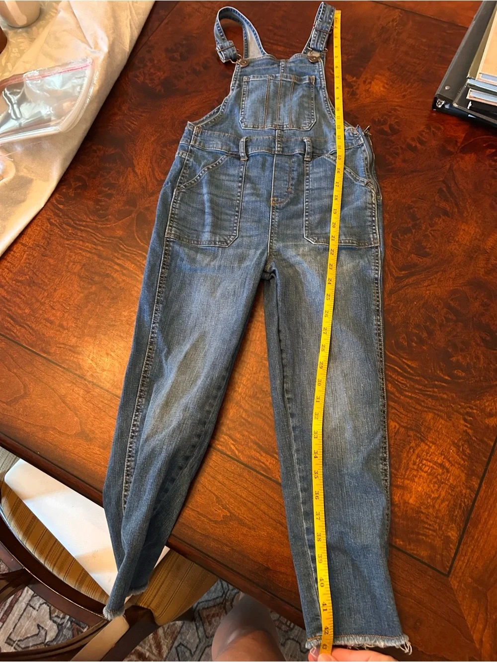 OshKosh B'gosh Girls Denim Overalls Blue Jeans Size 8 Adjustable Straps Raw Hem